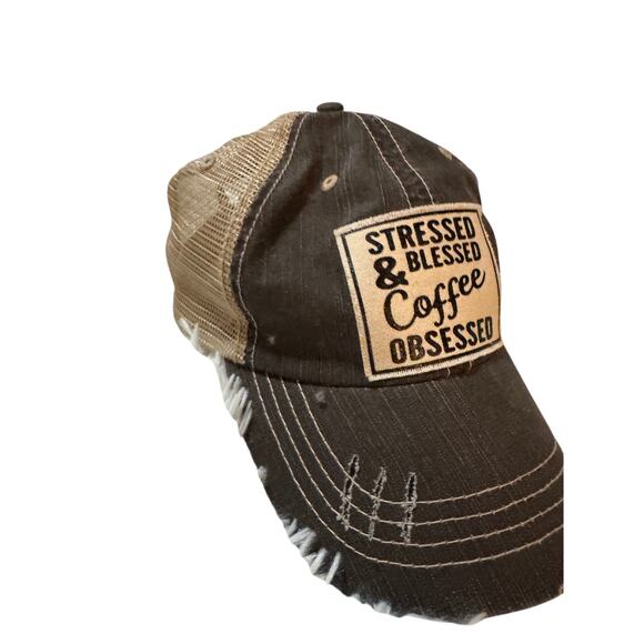 NWOT women’s trucker hat stressed blessed and coffee obsessed grey and beige - Picture 1 of 6